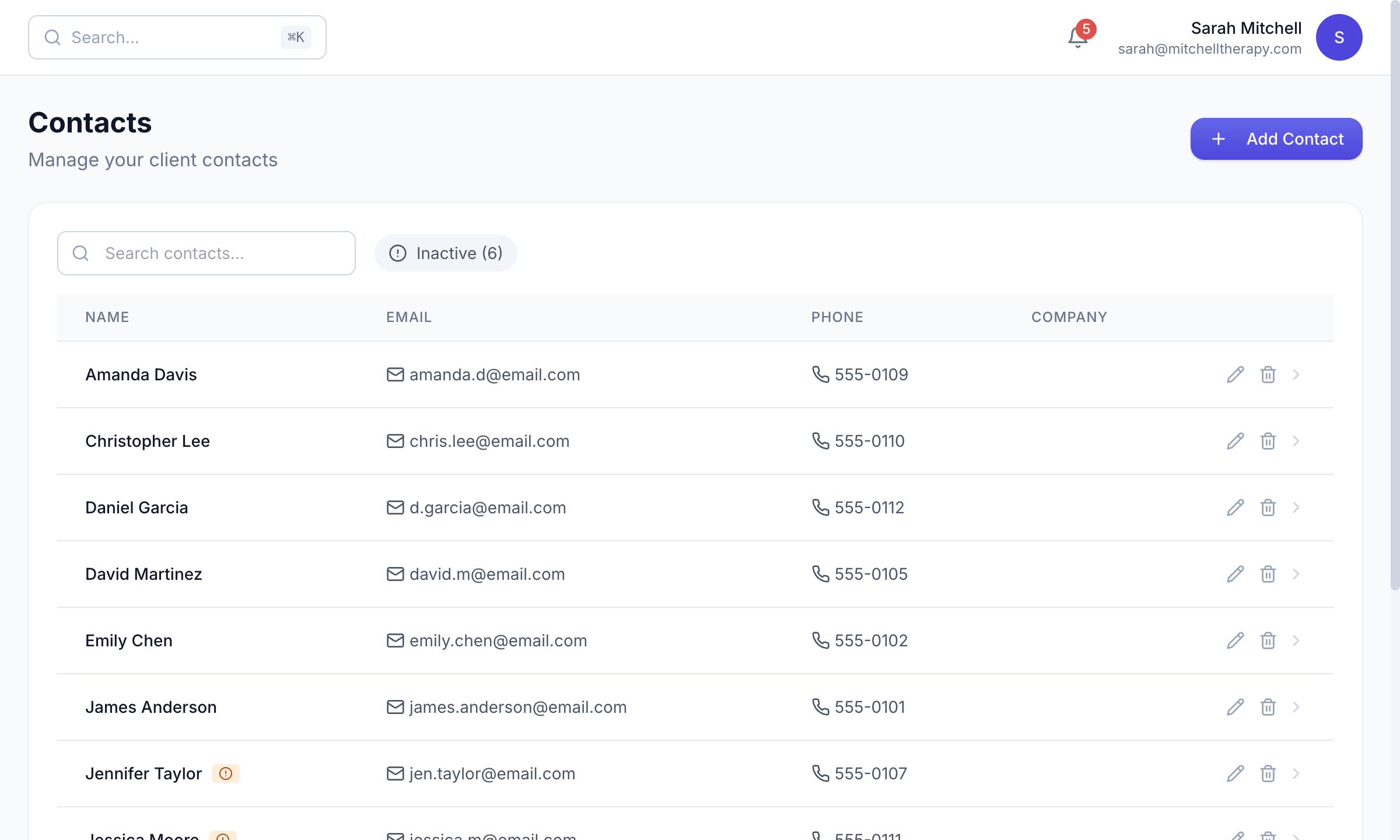 Client management with contact details
