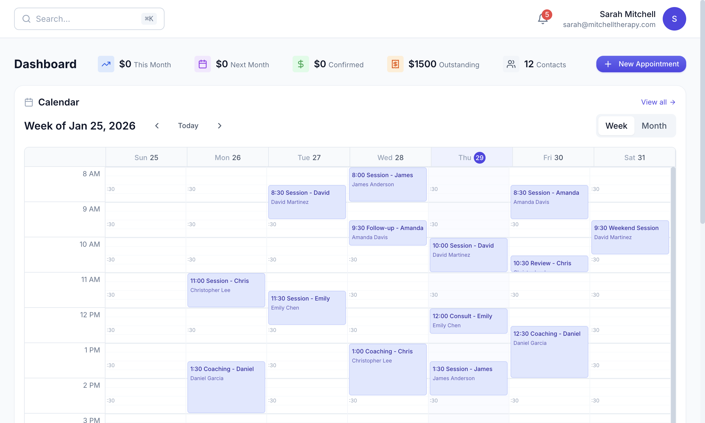 Dashboard with calendar and quick stats