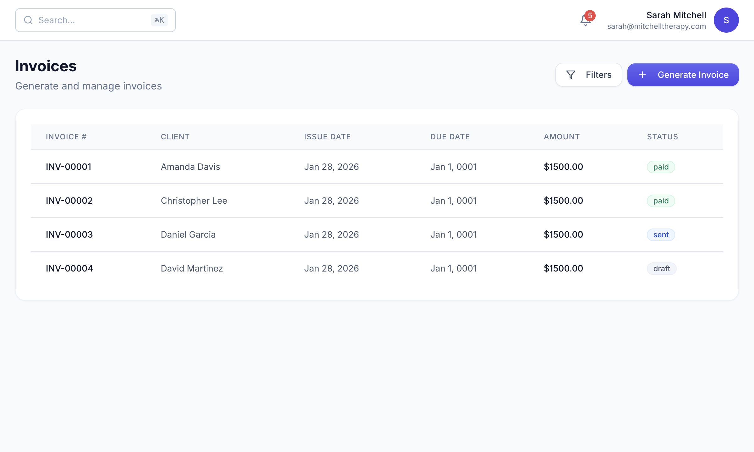 Invoice list with status tracking